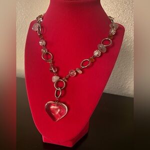 Quartz Beaded Necklace w Glass Heart Pendant | Chunky Statement Jewelry